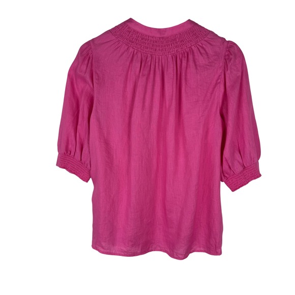 Boden 100% Linen Smocked Button Up Blouse Womens 10 Pink Puff Sleeves - Picture 7 of 10